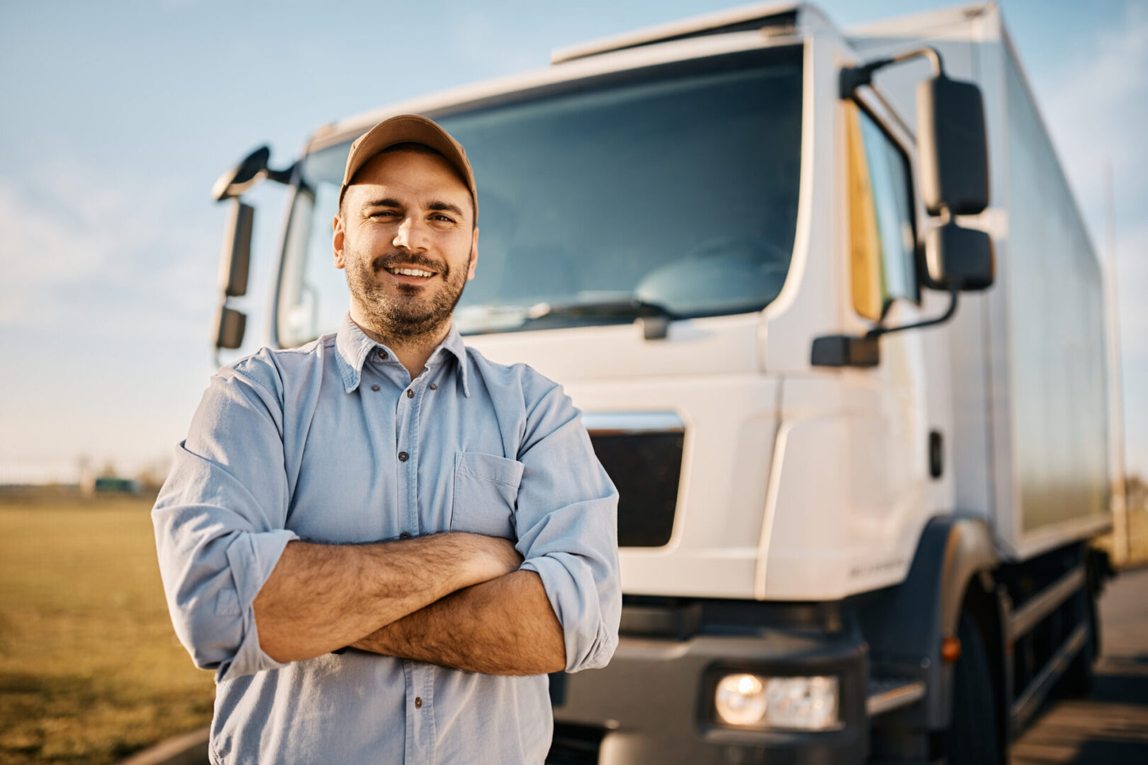 Happy confident male driver standing in front on his truck and looking at camera.